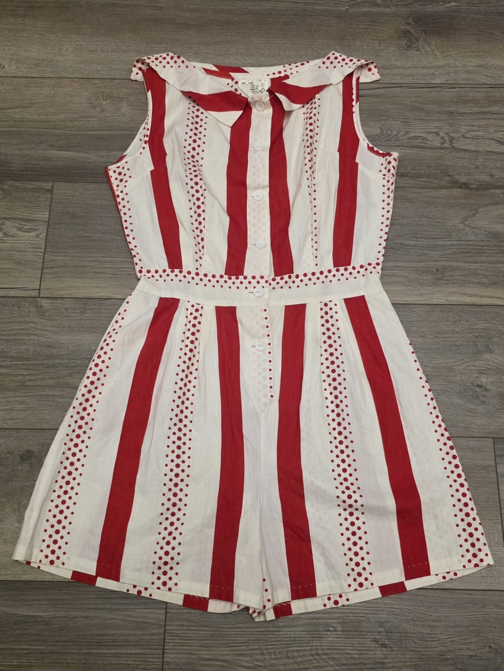 Sleeveless Red & White Striped Polka Dot Romper